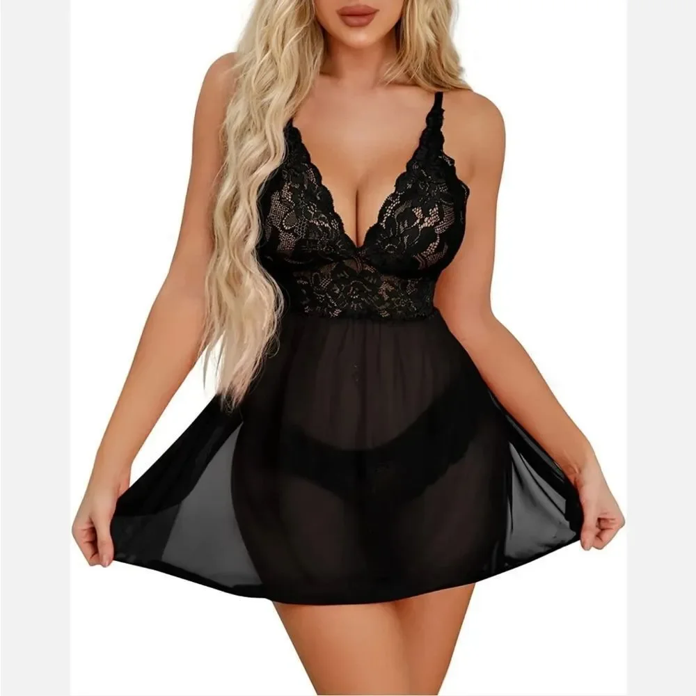 Sexy Lingerie for Women Flower Lace Badydoll Sleepwear Teddy V Neck Pajamas Gift